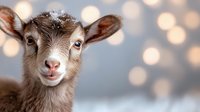 Adorable baby goat with blue eyes and snow on head against blurred bokeh background, perfect for winter holiday themes and farm animal concepts.