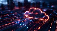 Glowing neon cloud symbol over digital circuit lines with streaming data visualization in blue and red colors against dark background for cloud computing concept.
