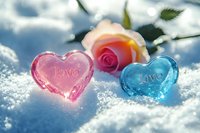 Pink and blue heart-shaped decorations with love text and peach rose lying in fresh snow against bright winter sky, romantic Valentine's Day concept.