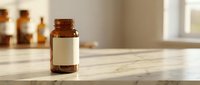 Brown glass medicine bottle with blank white label on marble counter in modern pharmacy or kitchen setting with warm natural lighting.