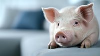 Pink piglet with curious expression lying down on soft surface against blurred blue background, close up portrait of young domestic pig.