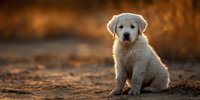Adorable golden retriever puppy sitting on dirt path during golden hour sunset with warm bokeh background for pet care and animal lover content.