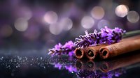 Fresh lavender sprigs with aromatic cinnamon sticks on dark reflective surface against purple bokeh background, creating magical spa and wellness atmosphere.