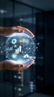 Hands holding glowing digital sphere with business analytics icons, charts, and technology symbols representing data management and innovation in corporate environment.