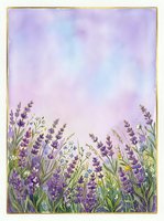 Watercolor lavender field border with purple flowers and soft pastel sky background for botanical design projects and natural decoration.