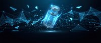 Futuristic digital cylinder with glowing blue energy surrounded by geometric network connections and particles on dark technological background.