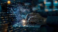 Hands typing on futuristic holographic interface with glowing circuit board patterns and digital data streams in modern tech environment.