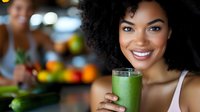Young African American woman with natural curly hair smiling while holding fresh green smoothie. Healthy lifestyle and wellness concept for nutrition blogs and ads.