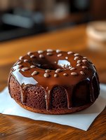 Chocolate bundt cake with glossy ganache glaze and decorative chocolate pearls on wooden table for bakery dessert menu and culinary marketing materials.