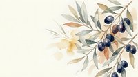 Watercolor olive branch with dark berries and green leaves on soft beige background, botanical illustration for Mediterranean cuisine and natural decor.