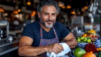 Middle-aged Hispanic male chef with salt and pepper hair wearing navy t-shirt and apron, smiling while preparing food in professional restaurant kitchen with fresh produce.
