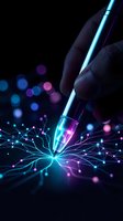 Hand holding glowing digital pen creating network connections with neon light effects and bokeh background for technology and innovation concepts.