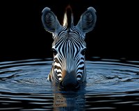 Dramatic close-up portrait of zebra head emerging from dark water with ripples, showing distinctive stripes pattern and ears against black background. Perfect for wildlife themes.