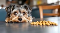 Adorable Yorkshire terrier puppy lying on table looking at dog treats with hopeful expression, shallow depth of field focus on face, blurred background.