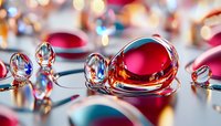 Vibrant red and blue water drops on reflective surface create abstract macro photography with bokeh lights, showcasing liquid art and surface tension in stunning detail.