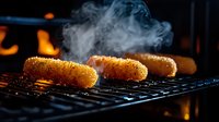 Breaded chicken cutlets grilling on barbecue with rising smoke and flames in background, creating dramatic mood lighting and appetizing golden crust.