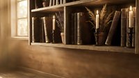 Vintage wooden bookshelf with old books and dried wheat stalks in warm sunlight creating cozy reading nook atmosphere for home decor and interior design.