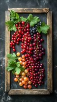 Fresh assortment of colorful currants and berries with green leaves arranged in rustic wooden frame on dark background, top view food photography.