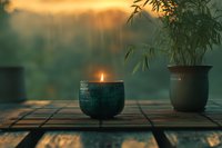 Glowing candle in green ceramic holder on bamboo mat with potted plant, creating peaceful zen atmosphere against soft sunset background. Mindfulness concept.