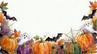 Halloween autumn border with pumpkins, ghosts, bats and spider webs on cream background for seasonal decorations and party invitations.