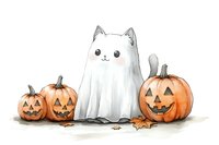 Cute cat dressed as ghost with carved pumpkins and autumn leaves, watercolor Halloween illustration on white background for seasonal decor and greeting cards.