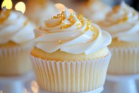 Vanilla cupcake with swirled white buttercream frosting topped with golden sugar sprinkles, close-up view showing soft texture and delicate details.