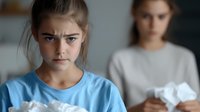 Young girl with serious expression wearing blue t-shirt shows emotional distress while parent figure stands in background holding crumpled paper, depicting family conflict.