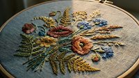 Handcrafted embroidery hoop featuring colorful floral bouquet with ferns and wildflowers on light blue fabric. Traditional needlework art for crafting projects.