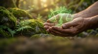 Hands holding glowing green plant symbol in forest environment, representing sustainable growth, environmental conservation, and eco-friendly business practices.