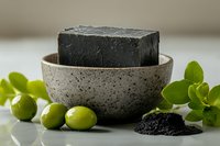 Natural black charcoal soap bar in ceramic bowl with fresh green olives and leaves on light background, organic skincare and beauty product composition.
