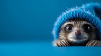 Adorable hedgehog wearing blue knitted winter hat peeking over edge with curious expression on turquoise background for seasonal marketing campaigns.