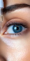 Close-up of bright blue eye with long eyelashes and eyedropper in background, showcasing skincare or eye care treatment for beauty and cosmetic advertising.