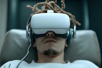 Young man with dreadlocks wearing virtual reality headset while lying in medical chair for futuristic healthcare technology treatment and digital therapy.