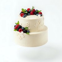 Two-tiered cream frosted cake decorated with fresh raspberries, blueberries, and mint leaves on white background. Suitable for wedding, celebration, bakery, and dessert design projects.