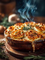 Steaming hot potato gratin with golden cheese crust and fresh herbs on rustic wooden board. Comfort food for restaurant menus and culinary content.