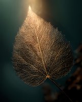 Delicate golden leaf skeleton with intricate vein pattern illuminated against dark teal background, creating ethereal natural art for wellness designs.