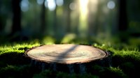 Natural wood tree ring cross section on moss in forest with sunlight bokeh background for organic eco-friendly design projects and nature presentations.