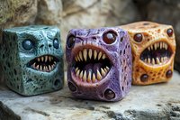 Handcrafted cube-shaped monster dice with sharp teeth and detailed textures in turquoise, purple, and orange colors on stone background, fantasy gaming accessories.