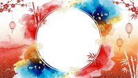 Asian watercolor frame with cherry blossoms, bamboo leaves and traditional lanterns in vibrant colors. Perfect for Chinese New Year greeting cards and festive designs.