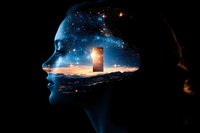 Surreal profile silhouette with cosmic landscape and mysterious glowing doorway inside mind, stars and galaxies merging with human consciousness in dark space.