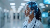 Young Asian female medical professional wearing white coat with digital biometric facial recognition grid overlay, representing AI in healthcare technology.