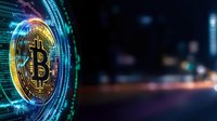 Golden bitcoin symbol with glowing digital circles and data streams on dark background with bokeh lights for cryptocurrency and blockchain technology concepts.