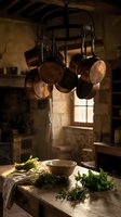 Rustic copper pots hanging from wrought iron rack in traditional farmhouse kitchen with herbs and wooden bowl on table creating warm cozy cooking atmosphere.