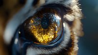 Extreme close-up macro photograph of golden amber animal eye with detailed iris pattern, long eyelashes and reflective surface showing intricate natural textures.