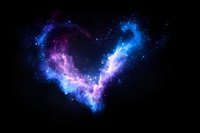 Cosmic heart-shaped nebula glowing in vibrant blue and purple hues against dark space background, with luminous stars and ethereal gas clouds forming romantic celestial formation.