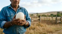 Senior male farmer in denim shirt holding fresh ostrich egg on rural farm with fencing and pasture in background. Agricultural production.