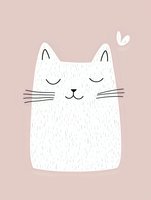 Cute white cat with closed eyes and whiskers on pink background. Minimalist nursery art for children room decor and baby shower invitations.