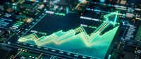 Digital financial growth chart with glowing green upward arrow and data analytics on circuit board background, representing stock market success and investment returns.
