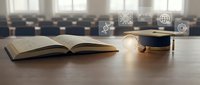 Open book and graduation cap on wooden desk in classroom with educational icons floating above representing academic achievement and learning success.