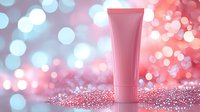 Pink cosmetic tube on glitter surface with soft bokeh lights in coral and blue tones creating luxurious beauty product presentation background.